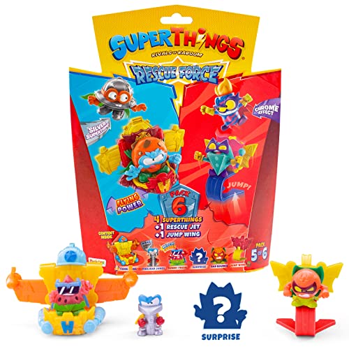 Rivals of Kaboom 8431618019627 Superthings Serie Rescue Force, Este Pack Incluye 4 Figuras coleccionables (1 capitán Plateado Sorpresa y un SuperThing con Efecto Cromado) + 1 Rescue Jet y 1 Jump Wing