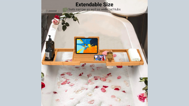 Pont De Baignoire Extensible En Bambou Naturel ADOV - Plateau Bain Avec Porte Accessoires Et Support IPad
