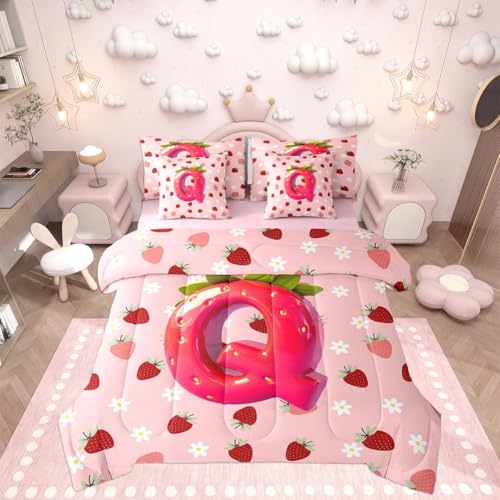 Image of Feelyou Girls Cute Strawberry Comforter Set with Sheets 7 Piece Twin Size Pink Strawberry Bedding Set for Kids Boys Girls Initial Letter Bed in a Bag Room Decor Soft Lightweight Microfiber