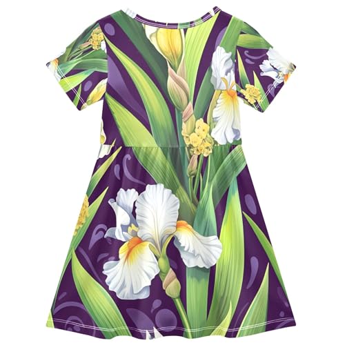 White Iris Flowers Green Leaves Purple Toddler Girls' Dresses Beach Shirt Dress Summer Outfits Children Dress 2t2