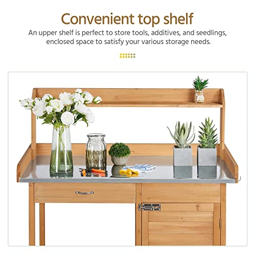 Image of Yaheetech Potting Bench Outdoor Potting Table with Storage,Natural Wood | Outdoor potting bench with spacious metal tabletop keeps soil and water contained while providing a durable work surface for