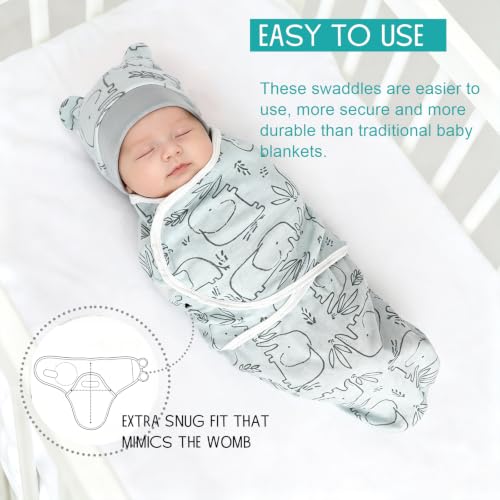 Image of DRESHOW BQUBO 3 Pack Newborn Baby Swaddle Blanket with Hats Infant Adjustable Velcro Swaddling Wraps with Bear Ears Cap for 6-12 Lbs Newborns & 0-3 Months Girls Boys
