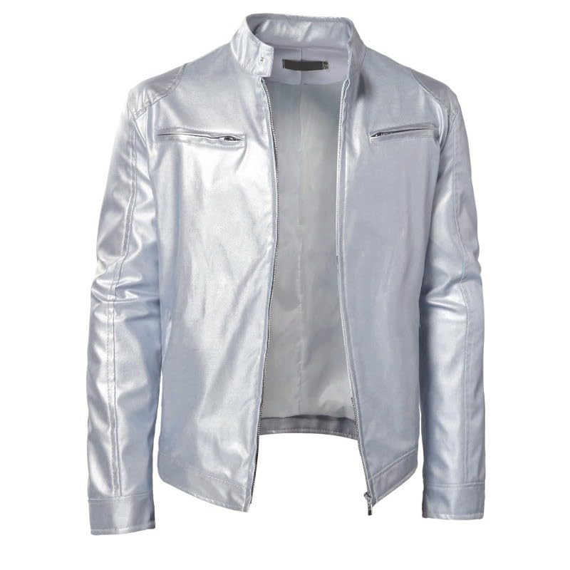 Manteau de motard argent S col montant au design rétro et finitions métal