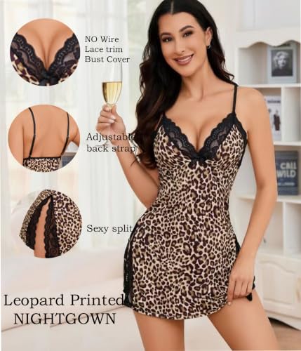 XJG Women Lingerie V Neck Sexy Nightgown Lace Trim Sleep Dress with Side Slit Night Gowns Soft Loungewear Sleepwear Brown Leopard — view 2