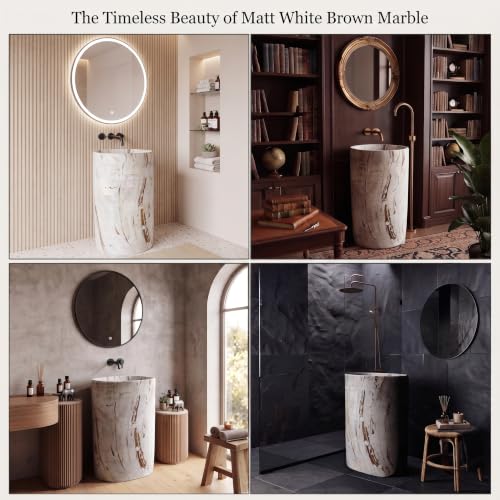 Image of BASSINO 20x14x33 Inch Pedestal Wash Basin /Free Standing Wash Basin /7 Years Warranty /Oval Ceramic One Piece Pedestal Sink for Bathroom /Living Room /Floor Mounted Washbasin(Matt White-Brown Mix Marble)