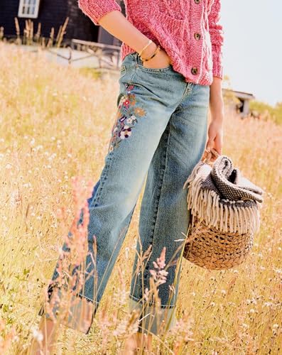 LifeShe Women Embroidered Jeans Mid Waist Stretch Cuffed Straight Leg Denim Pant4