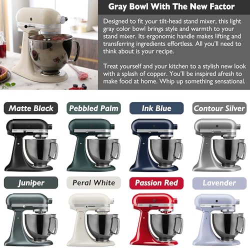 Image of 5 Quart Metallic Finish Stainless Steel Mixer Bowl for KitchenAid Classic&Artisan Series 4.5-5 QT Tilt-Head Mixer, Gray Color, Silicone Scraper, Dishwasher Safe, Fit K45SS KSM75 KSM90 KSM150