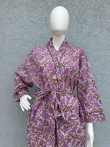 Cotton Block Print Kimono Robe for Women Long Bathrobe with Belt & Pockets Soft Lightweight Nightwear Spa,Lounge or Cover-Up3