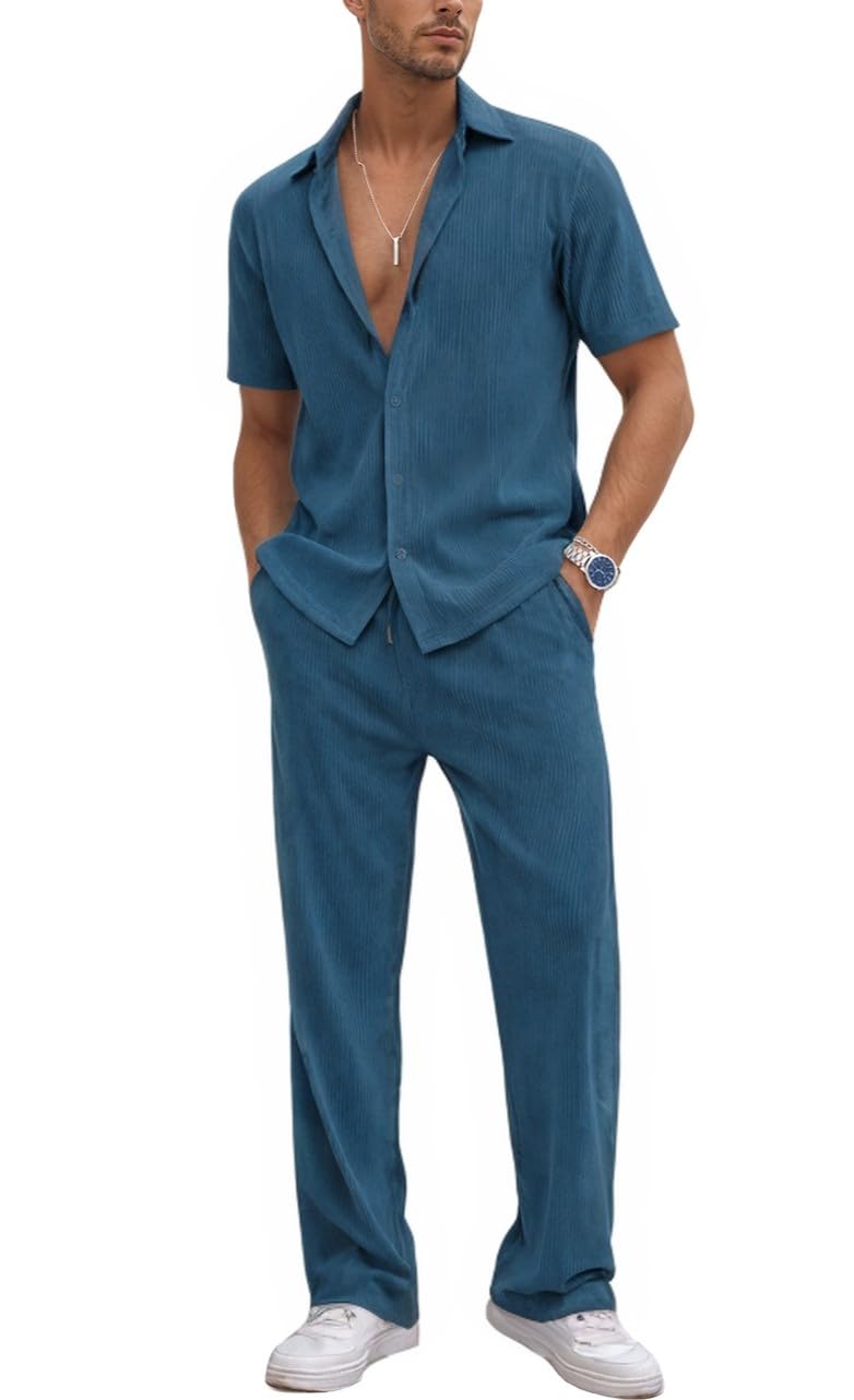 TYSORT Men's Summer 2 Piece Casual Button Down Short Sleeve Shirt with Loose Beach Pants Set,Cord Set For Men - Review, Price and Buying Guide