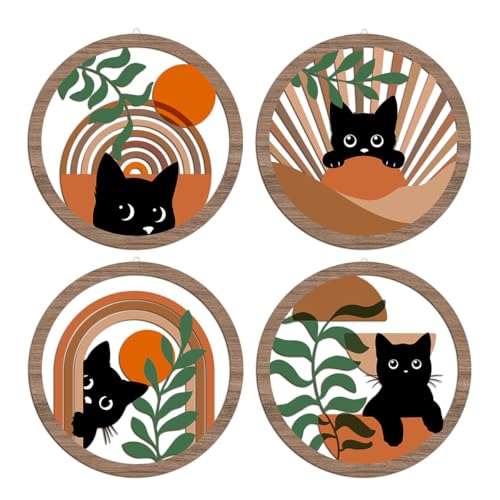 Décoration murale chat bohème en bois XFN (lot de 4) pour salon