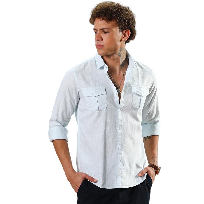 Image of CAHOOT Men's Solid Utility Shirt | Casual Wear | Spread Collar | Long Sleeve | Button Closure | Shirt Crafted with Comfort Fit for Everyday Wear