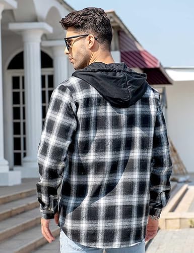 YAOKUBO Mens Hooded Flannel Plaid Shirt Lightweight Long Sleeve Casual  Button Down Shirts, Black-hooded, Medium : Amazon.sg: Fashion