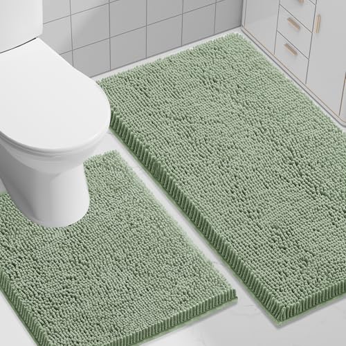 Image of Smiry Bathroom Rugs Set 2 Piece, Soft Absorbent Chenille Bath Mat and U-Shaped Toilet Rug Set, Non Slip Shaggy Bath Carpet for Tub, Shower and Floor (30x20+24x20, Sage Green)