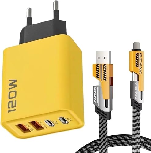 120W Fast Charging Wall Adapter with USB-C Cable, Multi-Port PD and QC 3.0, Yellow, Included Cable