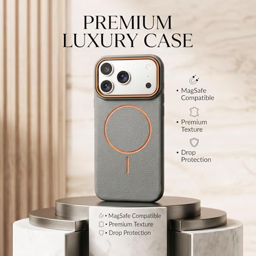Image of amazon basics Luxury MagSafe Compatible Leather Texture Back Cover for iPhone 17 Pro | Raised Camera Protection | Slim Fit Shockproof Case with Metallic Accents (Gray)