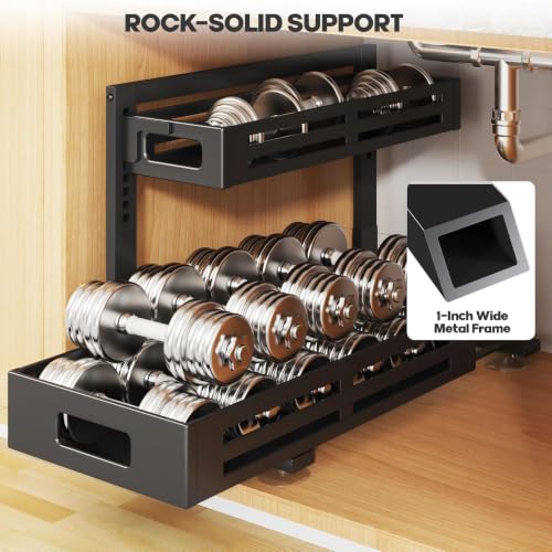Image of 2 Pack 21IN-Depth Under Sink Organizer,Pull Out Cabinet Organizer With Smooth Cylindrical Rail,Metal Slide Out Drawer for Kitchen Bathroom Laundry,8-Level Tool Free Height Adjustable-Black