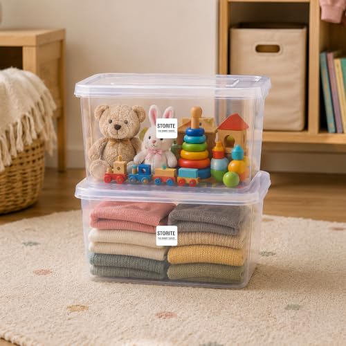 Image of Storite 2 Pcs 25L Premium Plastic Storage Box with Lid-Stackable Organizer | Storage Box for Clothes, Kids Toys, Kitchen - Plastic Storage Container Basket for Home, Office, Bathroom(Transparent)