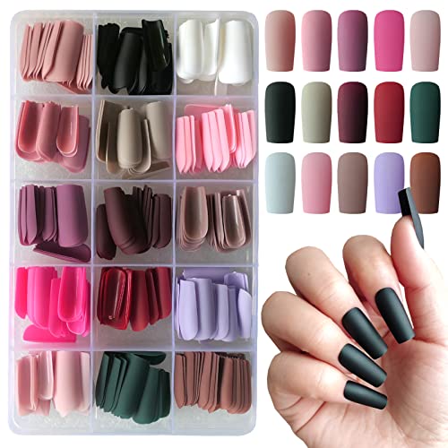 LuckForever 360pc Matte Medium Square Press on Nails Full Cover Fake Nails Colored Artificial Fingernail Acrylic Tips Decor 15 Colors 12 Sizes for Women Girls Kids