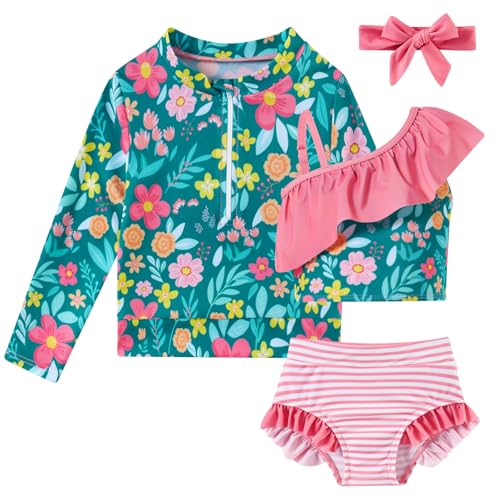 Image of Funnycokid Baby Toddler Girls Swimsuit 4 Piece Bathing Suit Long Sleeve Rash Guard Sets 12 Months-7 Years
