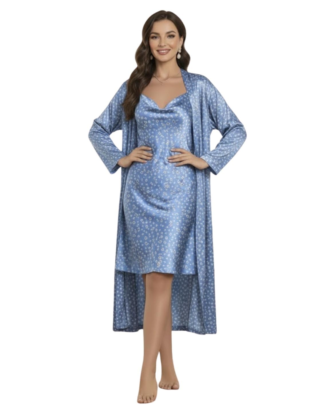 for you for me Women’s Navy Blue Satin Nightwear Set with Floral Printed Cowl Neck Slip Dress & Matching Long Robe | Soft, Elegant & Comfortable Luxury Sleepwear for Night or Lounge Wear-picture-3