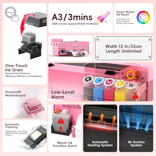 Image of DSV A3 F1080 DTF Printer (XP600 Gen2)-24 /7 Auto-Maintenance&Printhead with Moisturizing Fluid, Anti-Clog, 2X Speed vs L1800 /R1390,White Ink Circulation,2-Year Ink (Pink, Printer+Oven+Laptop)
