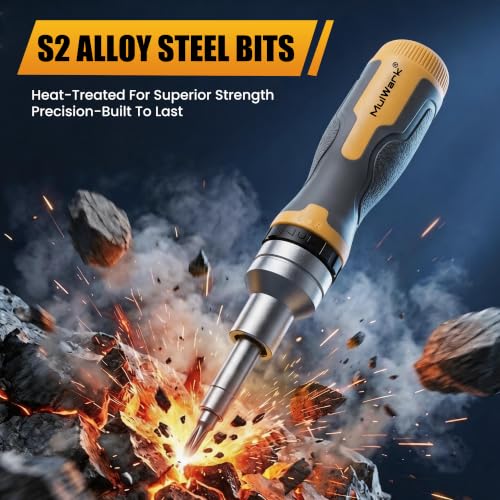 Image of Mulwark 16-in-1 Ratcheting Multi-Bit Screwdriver Set, S2 Steel Screwdriver with 1 /4 inch & 5 /16 inch Nut Drivers, Nickel Coated Anti-Rust screw driver, Max Torque Soft Handle for Home Repair & DIY