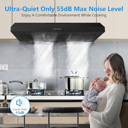Upgraded 600 CFM Range Hood 36 inch, Black Under Cabinet Range Hood for Duct/Ductless Convertible, Stainless Steel Kitchen Stove Vent with 3 Speed Kitchen Exhaust Fan and Two Bright Energy-Saving LED