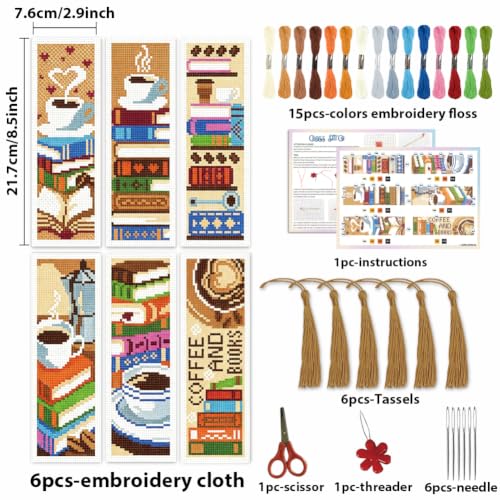 Image of ACRNIGHEET 6PCS Cross Stitch Bookmark Kit for Beginner Stamped Cross Stitch Kits for Adults Book&Coffee DIY Tassel Embroidery Bookmark Kits Needlepoint Kit with Instructions Craft Gift 8.5''x3'' 11CT