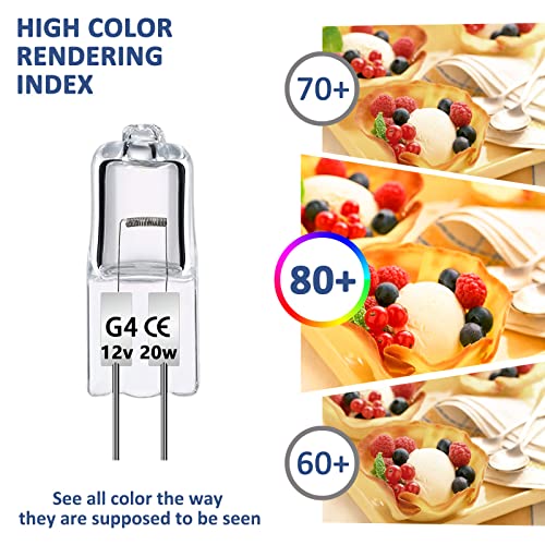 Caldarax 12 Stück G4 20W Halogenglühbirne 12V, Dimmbar 2700K Warmweiß, 280LM, 2 Pin Halogen Stiftsockellampe, G4 Halogenlampen 20 Watt, für Kronleuchter, Dunstabzugshauben, Schrankbeleuchtung 5