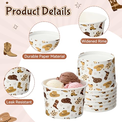 Image of Funnymoom 50 Pack Cowboy Ice Cream Cups 9 oz Western Disposable Dessert Bowls Cowboy Paper Soup Bowls Wild West Snack Cups for Hot or Cold Food for Rodeo Cowgirl Baby Shower Birthday Party Supplies