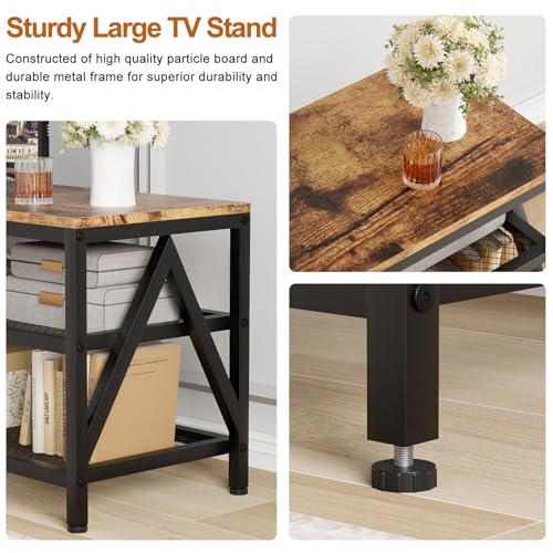Image of 70 inch TV Stand for TVs up to 75 Inch with 3-Tier Storage Shelves | Brown Modern 70 inch Long Industrial TV Console Table, Entertainment Center for Living Room, Bedroom
