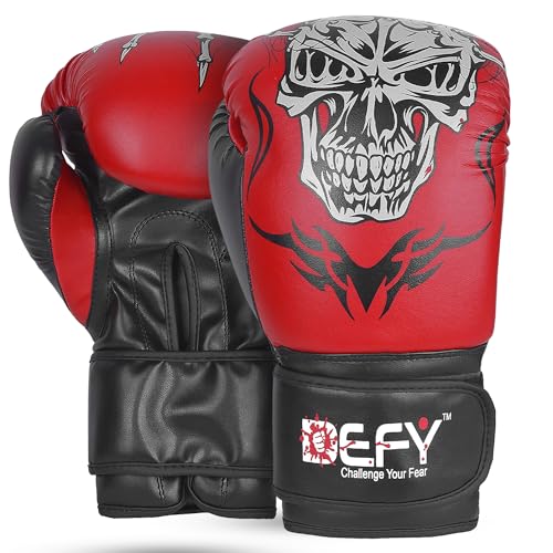 Defy Sports Boxing Gloves for Men and Women - Premium Quality Faux Leather Kick Boxing Gloves – Gel Infused Kickboxing Gloves with Thumb Support - Versatile Usage – Skull Model Design (Red, 14 oz)
