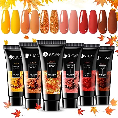 UR SUGAR Fall Winter Gel Extension Nail Set, 6 Colors Maple Pumpkin Burnt Orange Yellow Red Glitter Autumn Extension Nail Gel Polish Kit Halloween Thanksgiving Day Gift Box for Women