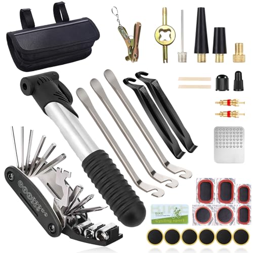 Image of Bike Repair Tool Kit,34Pcs Bicycle Puncture Tool with Repair Bag and 120PSI Bike Pump,16 in 1 Bicycle Multitool,Self Adhesive Tire Patch Repairs and Bikes Tire Levers Wrench for Mountain Bikes,MTB