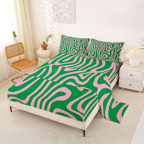 Erosebridal Striped Geometric Sheets Queen Size Green Pink Fashion Wavy