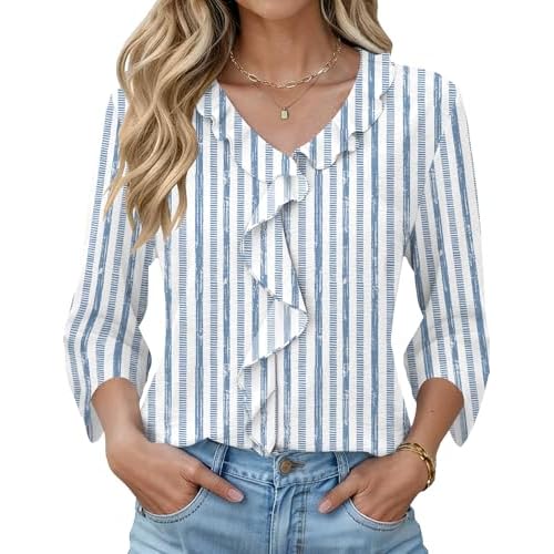AKEWEI 3/4 Length Sleeve Womens Tops Dressy Casual Blouses Ruffle V Neck T Shirts Cute Curved Hem Tunic Tee Fashion 2026 Light Blue Striped Medium