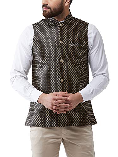 SOJANYA (Since 1958 Men's Silk Blend Black & Gold Self Design Nehru Jacket, Size: 40