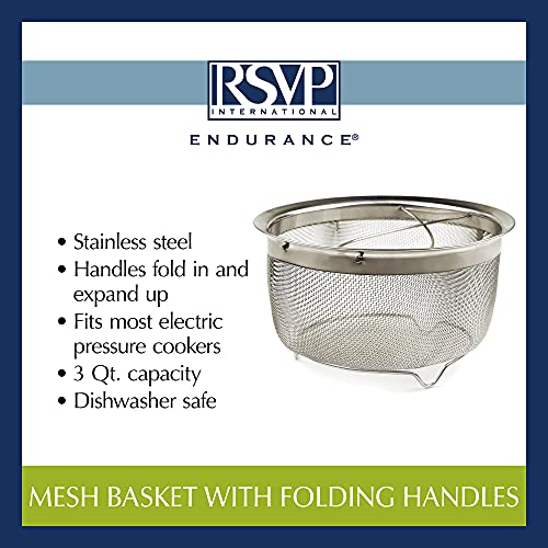 Rsvp International Mesh Colander Strainer Basket With Folding Handles, 3 Quarts | For Pasta, Frying, & Salads | Dishwasher Safe | Use In Pressure Cookers | Steaming, Draining & Rinsing #TOP6