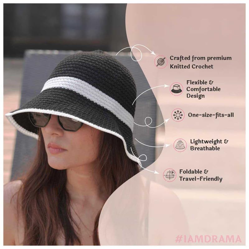 Image of Hair Drama Co. Crochet Bucket Hat for Women | Comfy & Casual Knit Handmade Foldable Floppy Hat | Summer Crochet Bucket Cap for Women & Girls