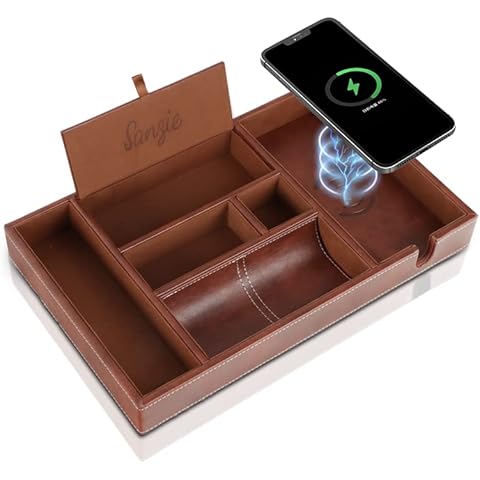 SANZIE Leather Valet Tray Dresser Top Organizer Catch All Tray with Wireless Charger Leather Desktop Storage Jewelry Tray for Keys Phone Wallet Organizer (Brown) Cover