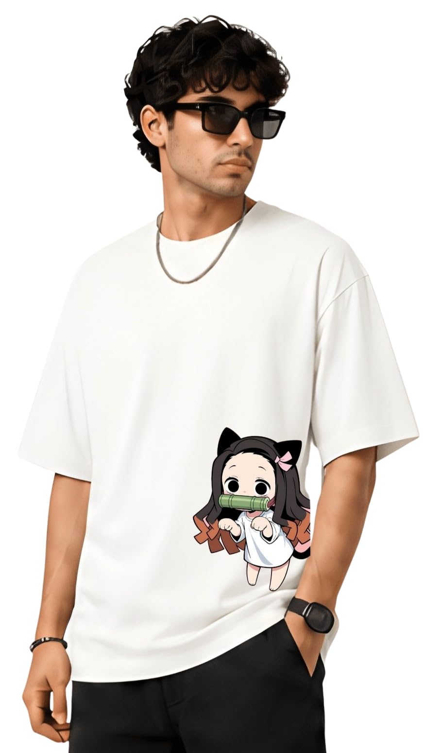 Oversized Anime Graphic Printed T-Shirt for Men | Baggy Half Sleeve Cotton Blend Tee | Korean Streetwear Casual Loose Fit Round Neck Tshirt-image-15