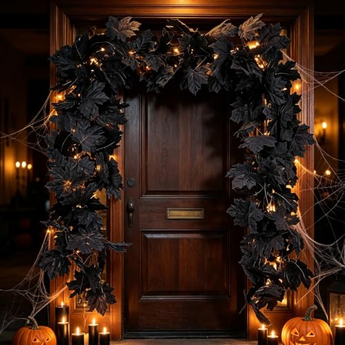 2Pack 5.9FT Artificial Autumn Halloween Garland with Black Maple Leaf (Black) - image 3
