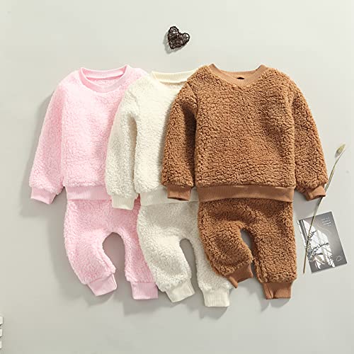 Oneflow Toddler Infant Baby Boy Girl Fall Winter Outfit Sherpa Fleece Sweater Pullover Tops Solid Pants Warm Clothes Set (6-12 Months,A-Apricot Fleece Outfit) #TOP3