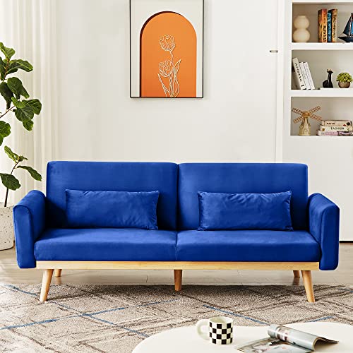 Dklgg Blue Futon Sofa Bed, Velvet Convertible Sofa Couch Sleeper With Wood Legs & 2 Pillows, Upholstered Loveseat For Small Spaces Living Room Bedroom Furniture, 3 Adjustable Positions, Easy Assembly #TOP3