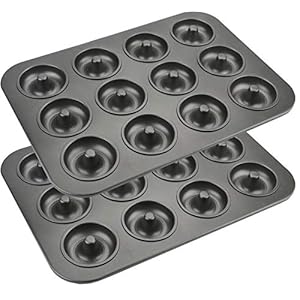 Lawei 2 Pack 12-Cavity Non-stick Donut Pan, Carbon Steel Donut Baking Pan for Muffin, Cake, Dessert, Mini Bagel Mold Donut Trays for Oven, Microwave, Freezer Safe