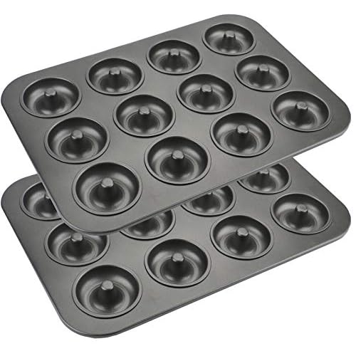 Lawei 2 Pack 12-Cavity Non-stick Donut Pan, Carbon Steel Donut Baking Pan for Muffin, Cake, Dessert, Mini Bagel Mold Donut Trays for Oven, Microwave, Freezer Safe