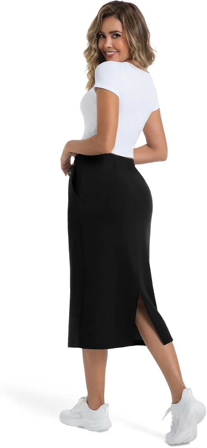 Women's Casual High Waist Elastic Drawstring Stretch Sweat Slit Midi Skirt with Pocket - Image 4