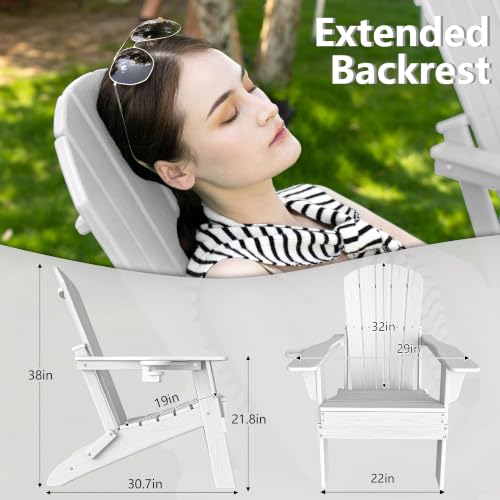 Image of Plawdlik Folding Adirondack Chair 12-piece Set, Cup Holder, White | pin-free folding, 38-in tall back, Wood-grain All-weather HDPE; for fire pit, poolside, deck, backyard, patio