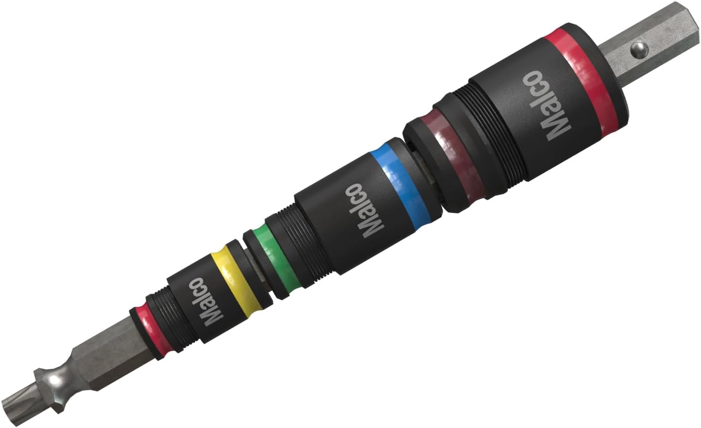 Malco 7-in-1 C-RHEX Flip Bit Socket Set with 3 cleanable, reversible, and stackable, color-coded sockets featuring an ultra-powerful magnet and a T25 integrated driver head. Impact Rated.