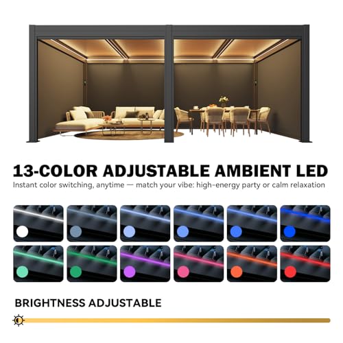 Image of MELLCOM Motorized Louvered Pergola 10x20, Solar & Electric Powered with LED Lights and 6 Side Screens, Aluminum Adjustable Louvered Roof, Weatherproof Outdoor Shelter
